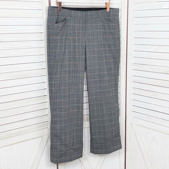 Express Editor Glen Check Plaid Straight Leg Cuffed Crop Dress Pants Grey Pink 8 - Picture 13 of 13